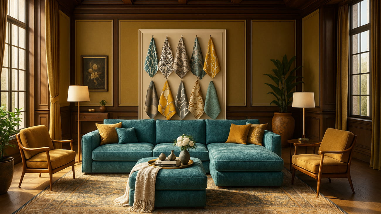 Sofa in a Room with Fabric Swatches
